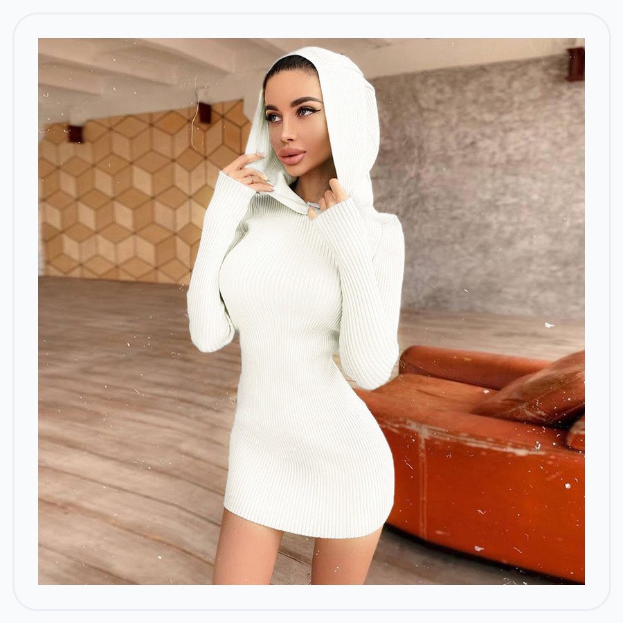 Hooded Long Sleeve Woolen Dress Women